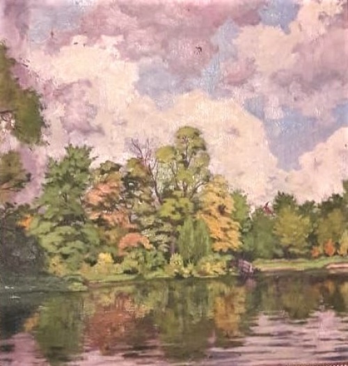 Картина - пейзаж. Озеро и лес, освещенные солнцем